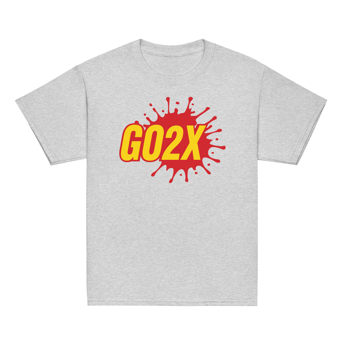 GO2X Classic youth lacrosse shirt with red & yellow logo in Sport Grey, front view