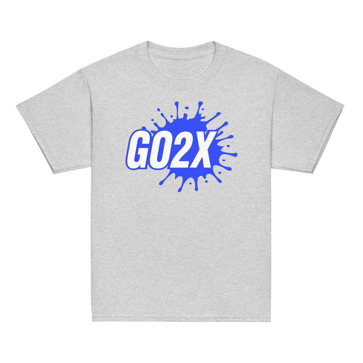 GO2X Classic youth lacrosse shirt with blue & white logo in Sport Grey, front view