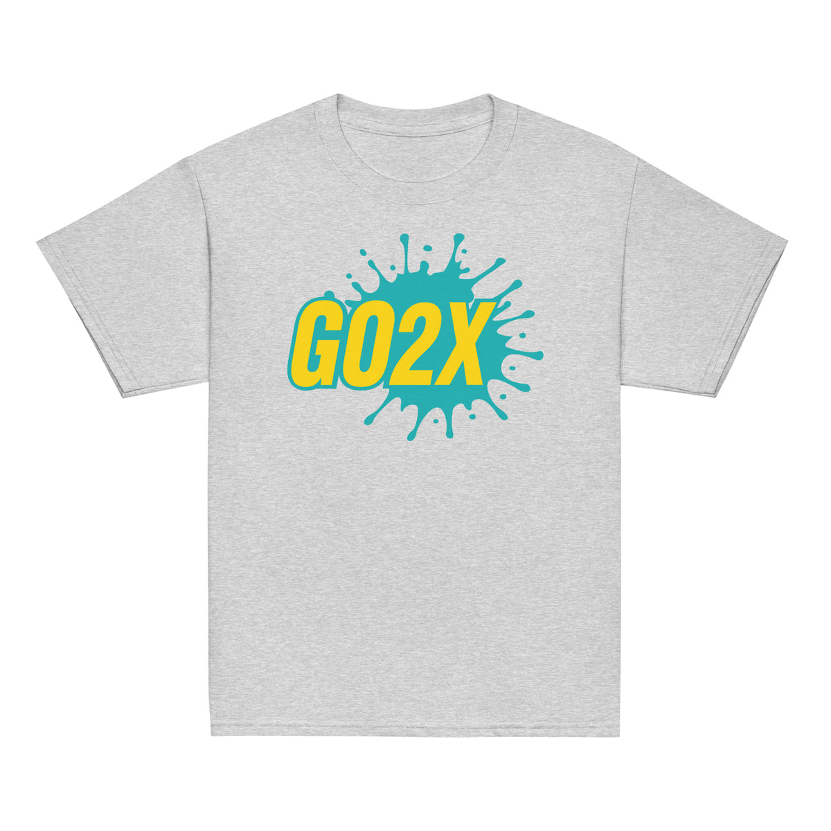 GO2X Classic youth lacrosse shirt with teal & yellow logo in Sport Grey, front view