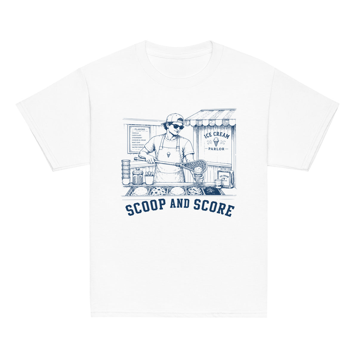 GO2X Scoop and Score youth lacrosse shirt with male design in White, front view