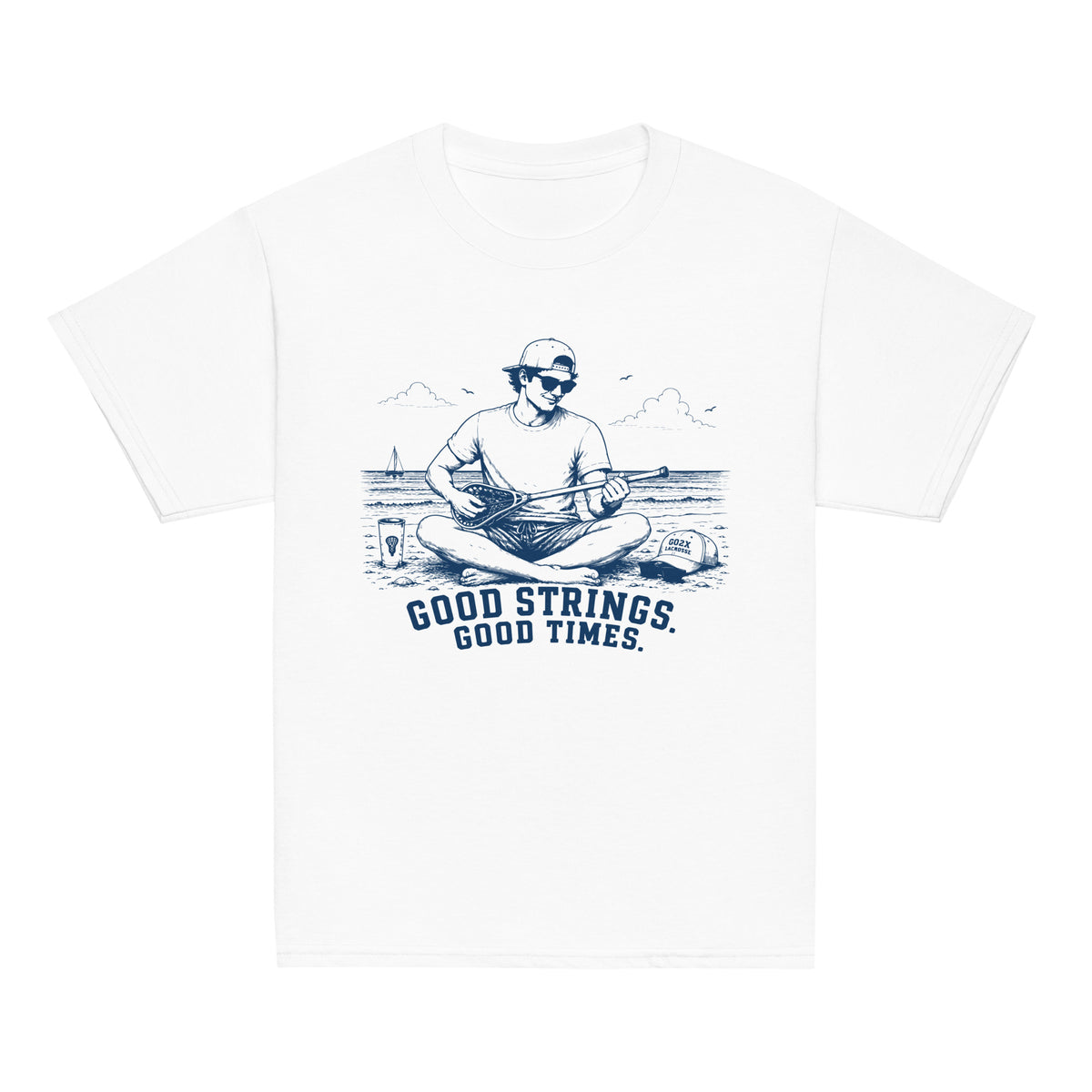 GO2X Good Strings Good Times youth lacrosse shirt with male design in White, front view