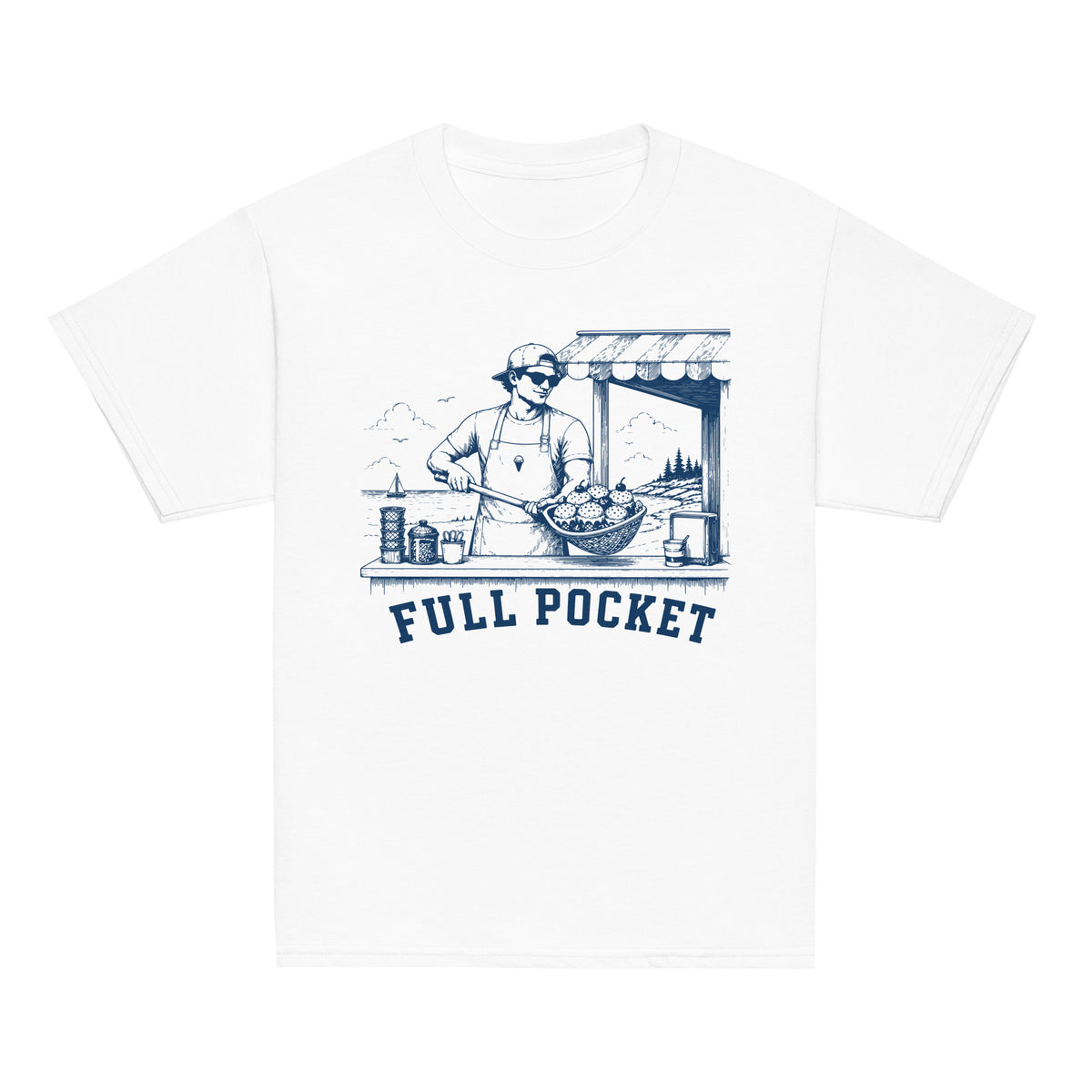 GO2X Full Pocket youth lacrosse shirt with male design in White, front view