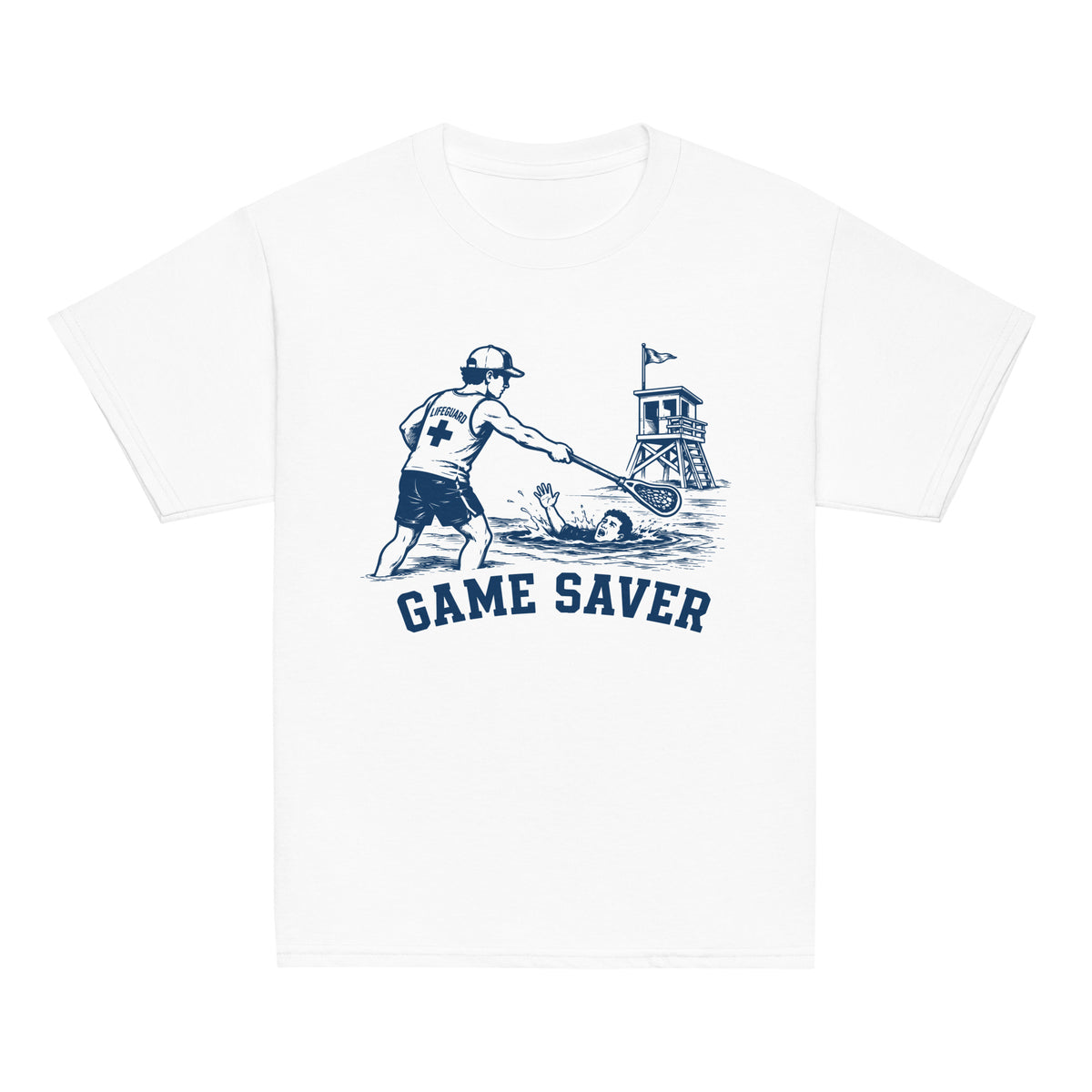 GO2X Game Saver youth lacrosse shirt with male design in White, front view