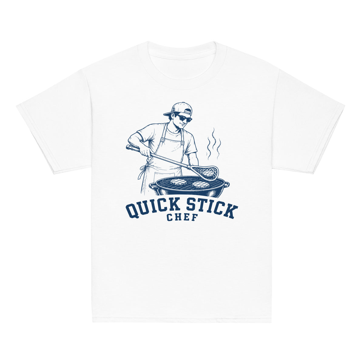 GO2X Quick Stick Chef youth lacrosse shirt with male design in White, front view