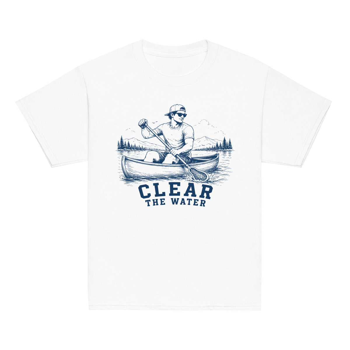 GO2X Clear the Water youth lacrosse shirt with male design in White, front view