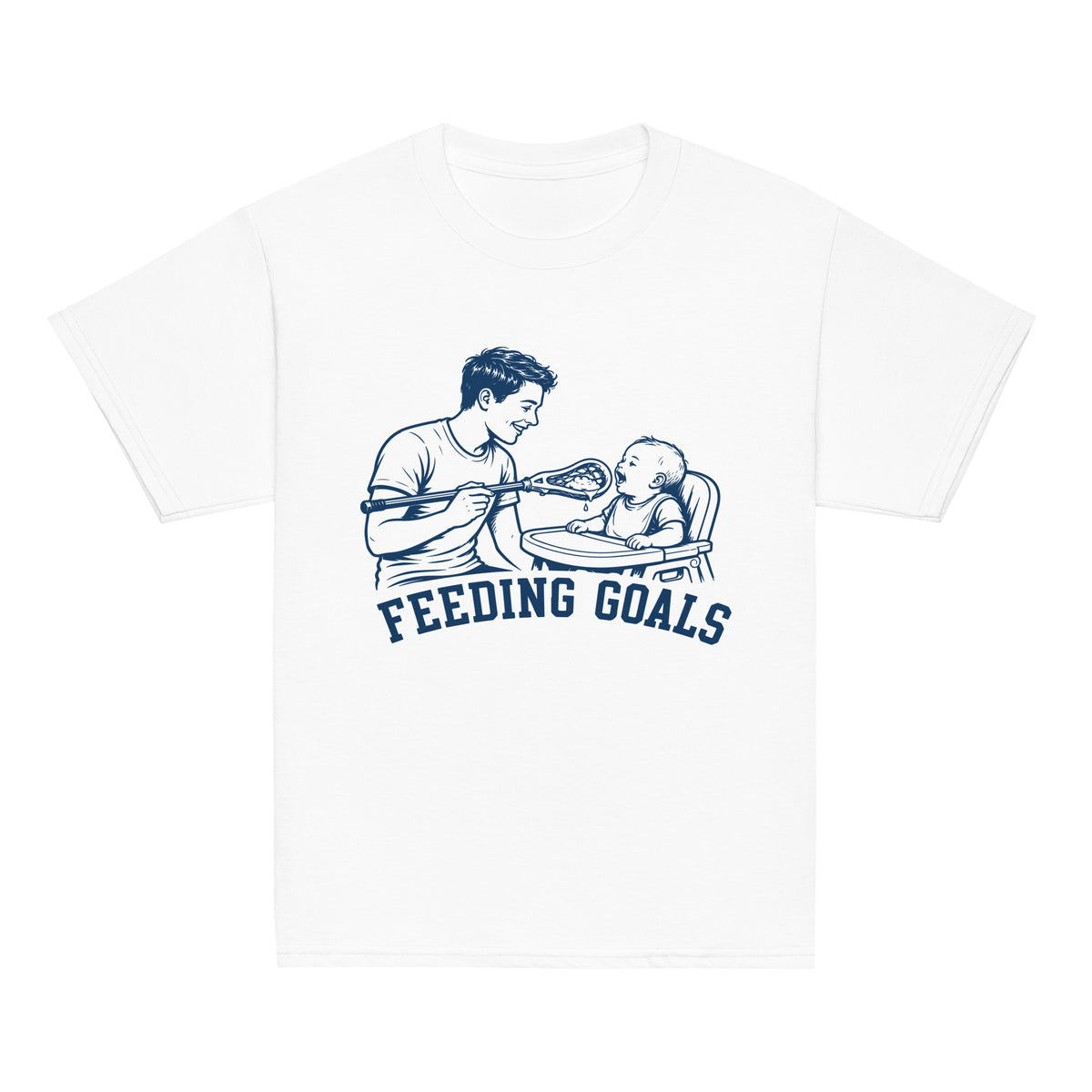 GO2X Feeding Goals youth lacrosse shirt with male design in White, front view