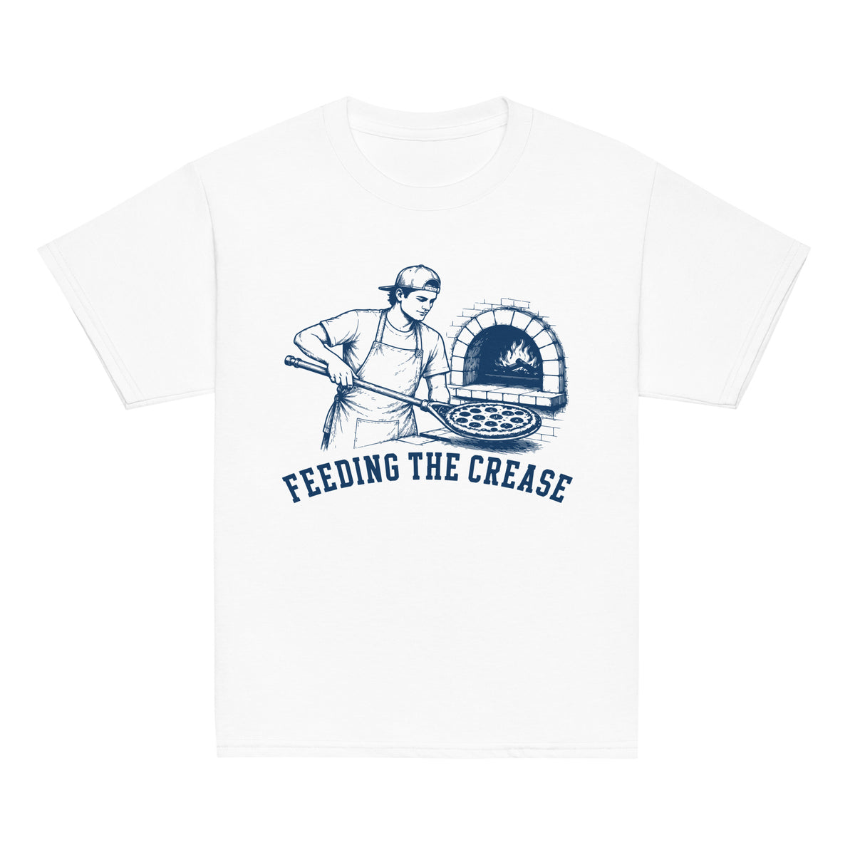 GO2X Feeding the Crease youth lacrosse shirt with male design in White, front view