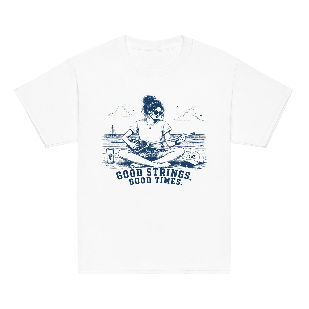 GO2X Good Strings Good Times youth lacrosse shirt with female design in White, front view