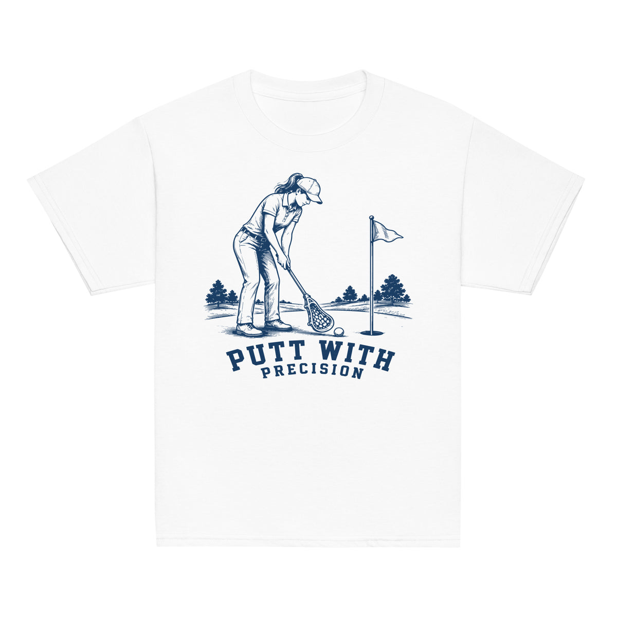 GO2X Putt with Precision youth lacrosse shirt with female design in White, front view