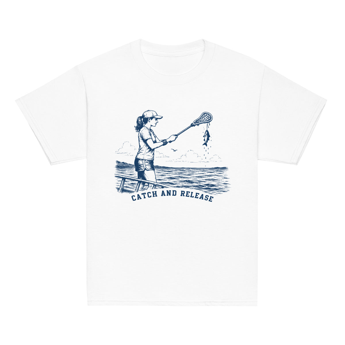 GO2X Catch and Release youth lacrosse shirt with female design in White, front view