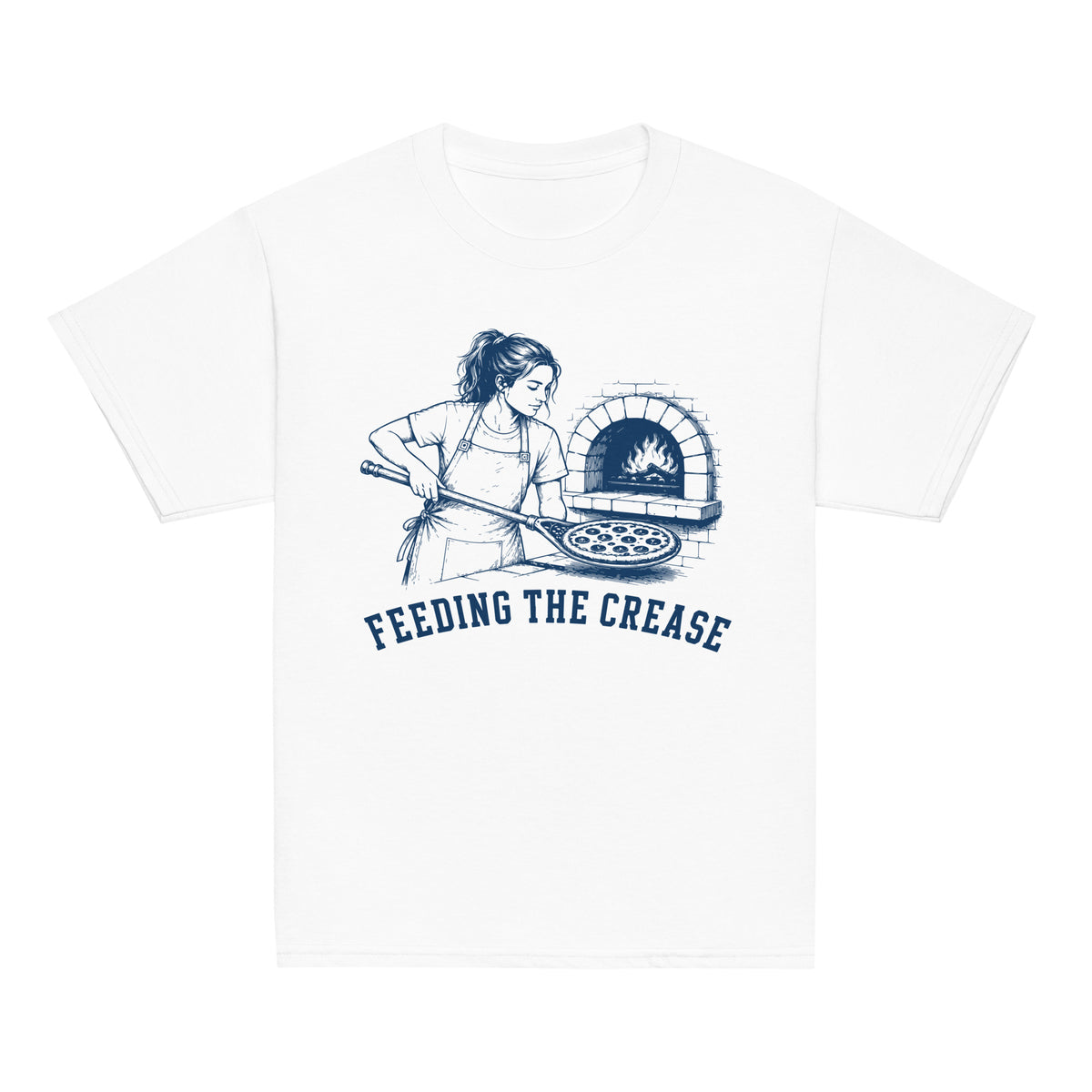 GO2X Feeding the Crease youth lacrosse shirt with female design in White, front view