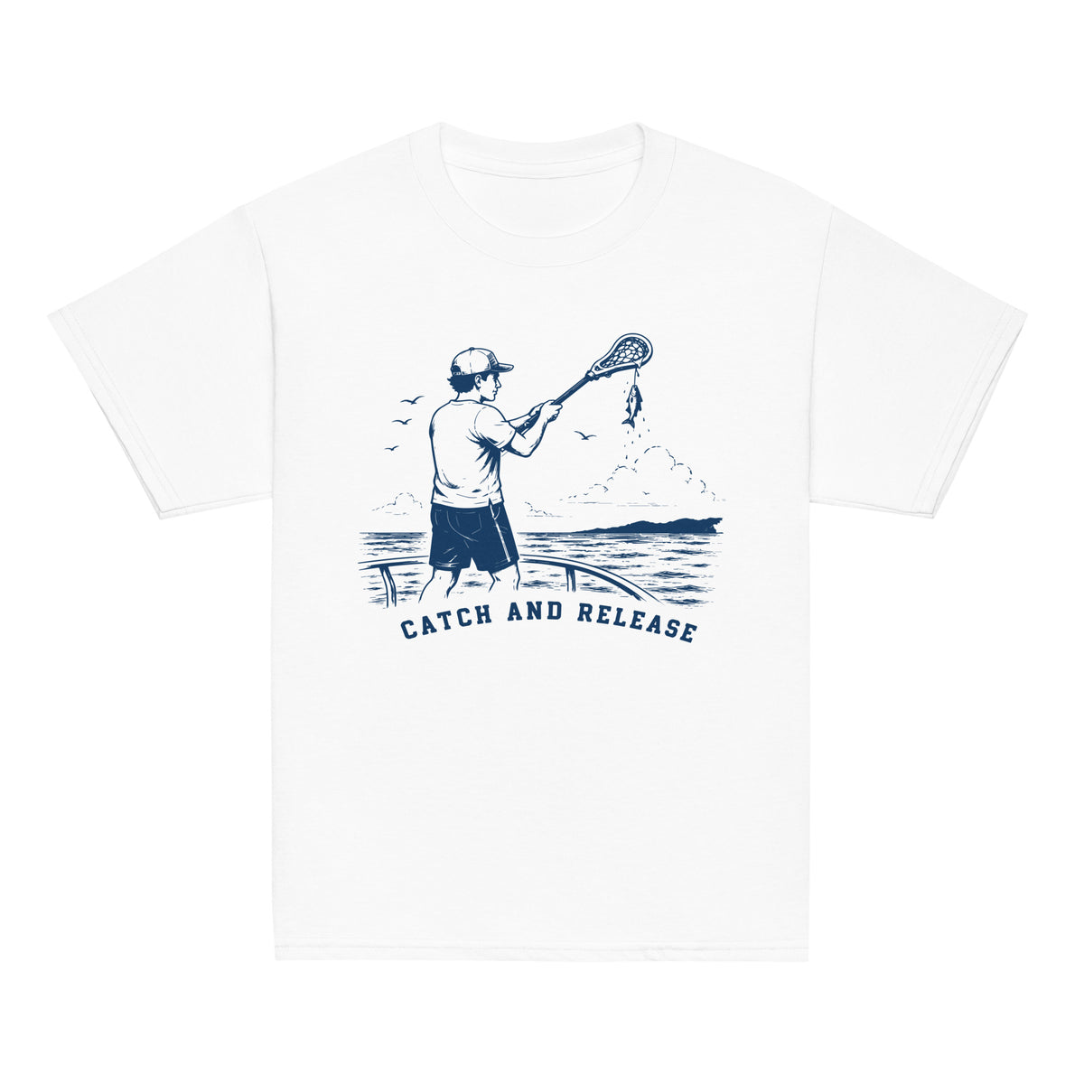 GO2X Catch and Release youth lacrosse shirt with male design in White, front view