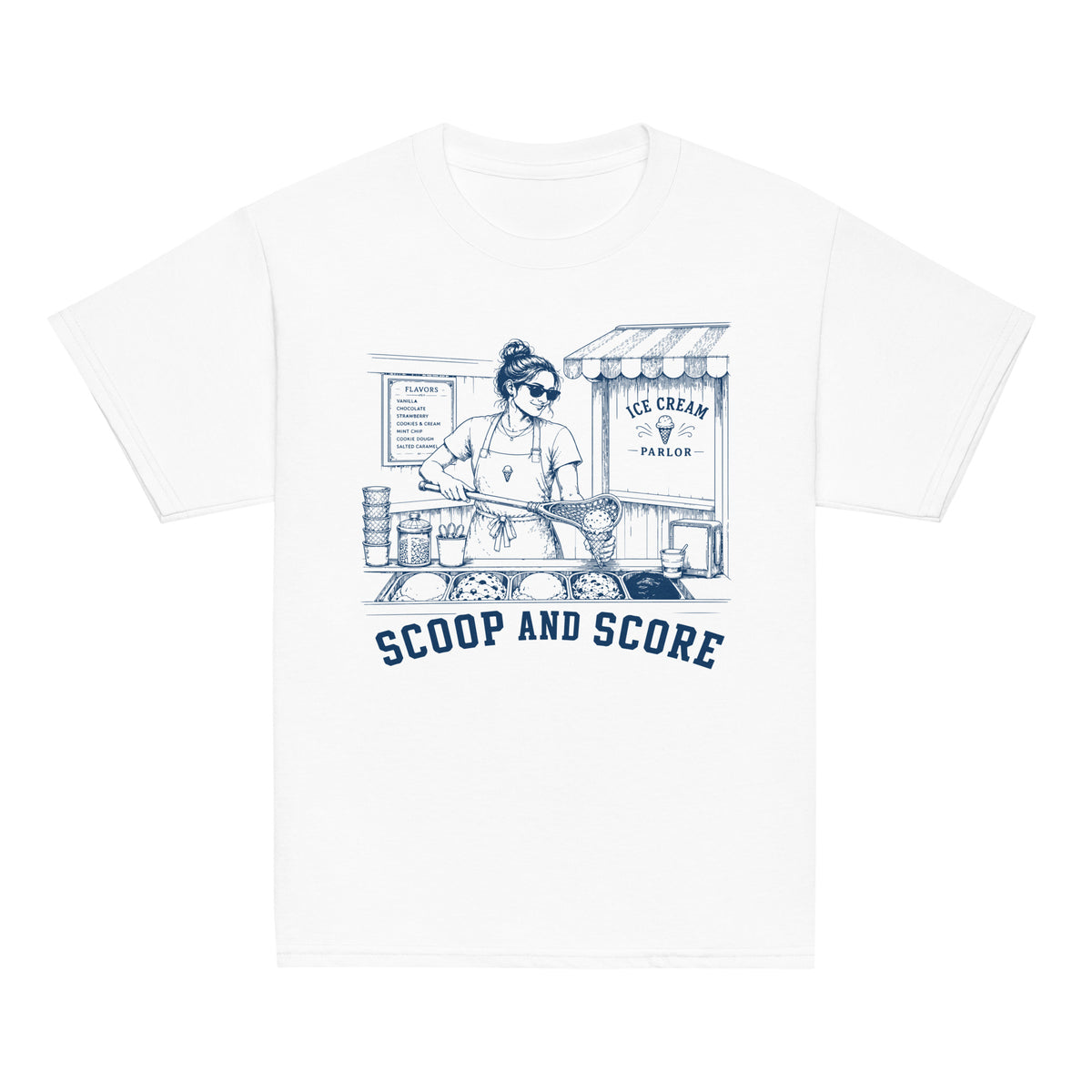 GO2X Scoop and Score youth lacrosse shirt with female design in White, front view