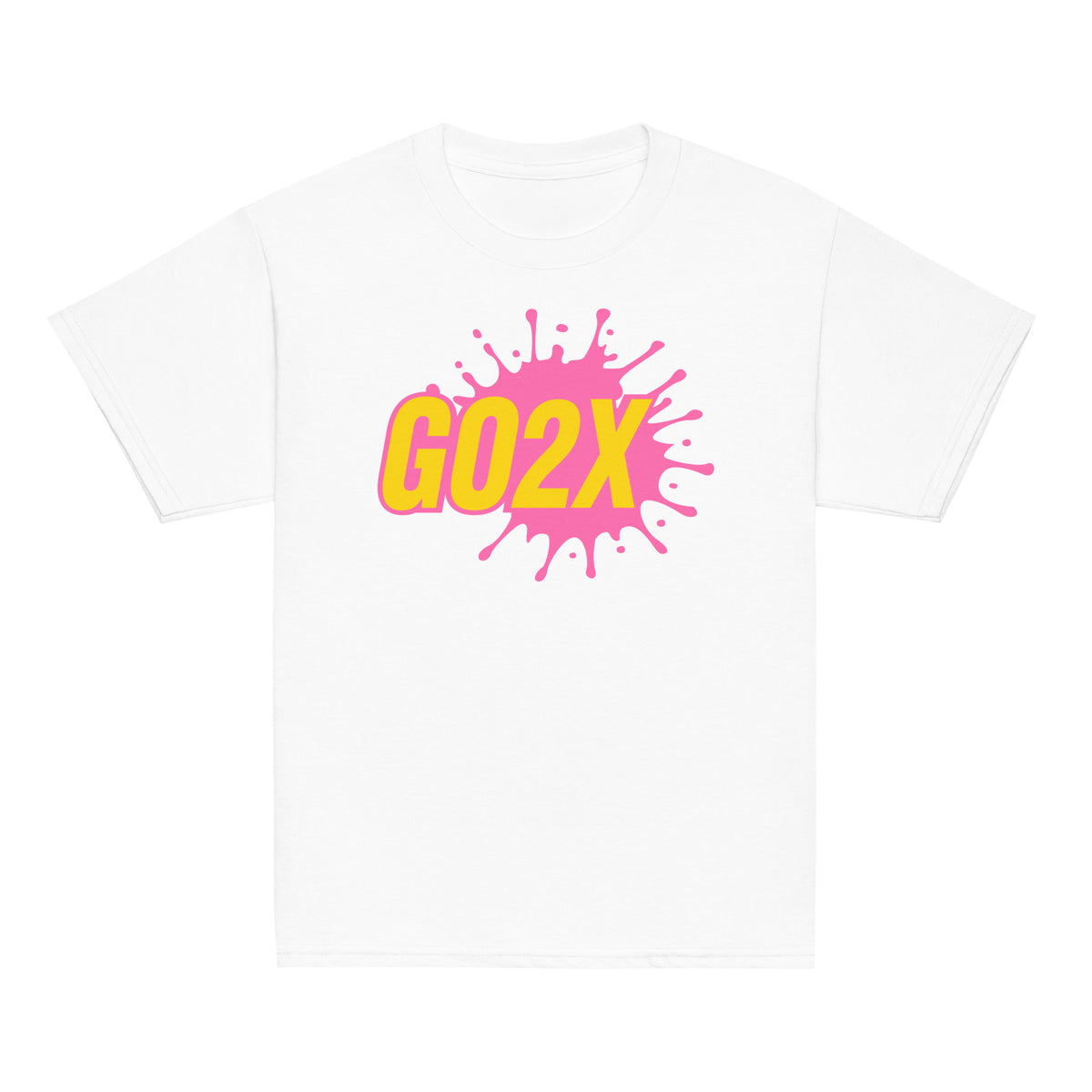 GO2X Classic youth lacrosse shirt with pink & yellow logo in White, front view