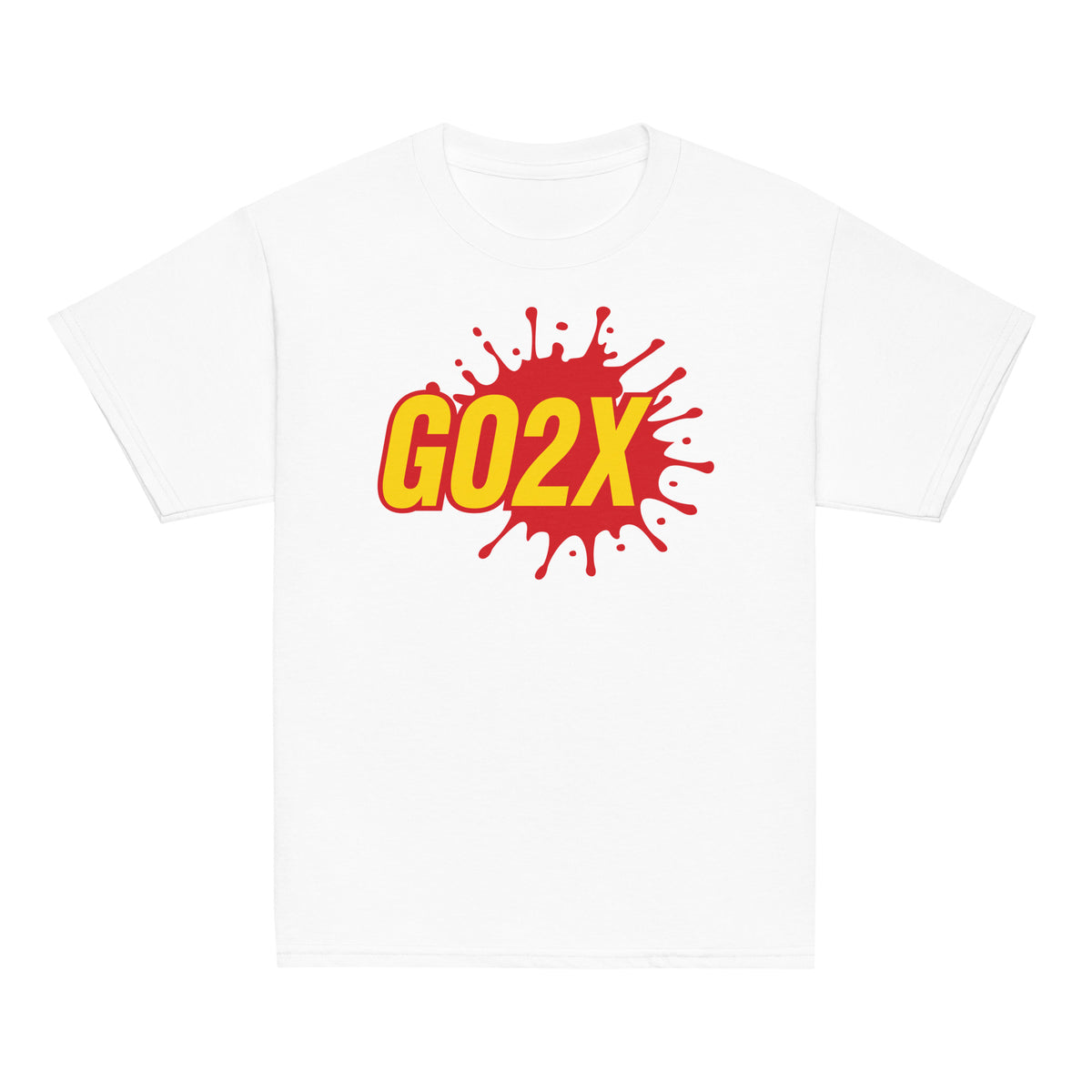 GO2X Classic youth lacrosse shirt with red & yellow logo in White, front view