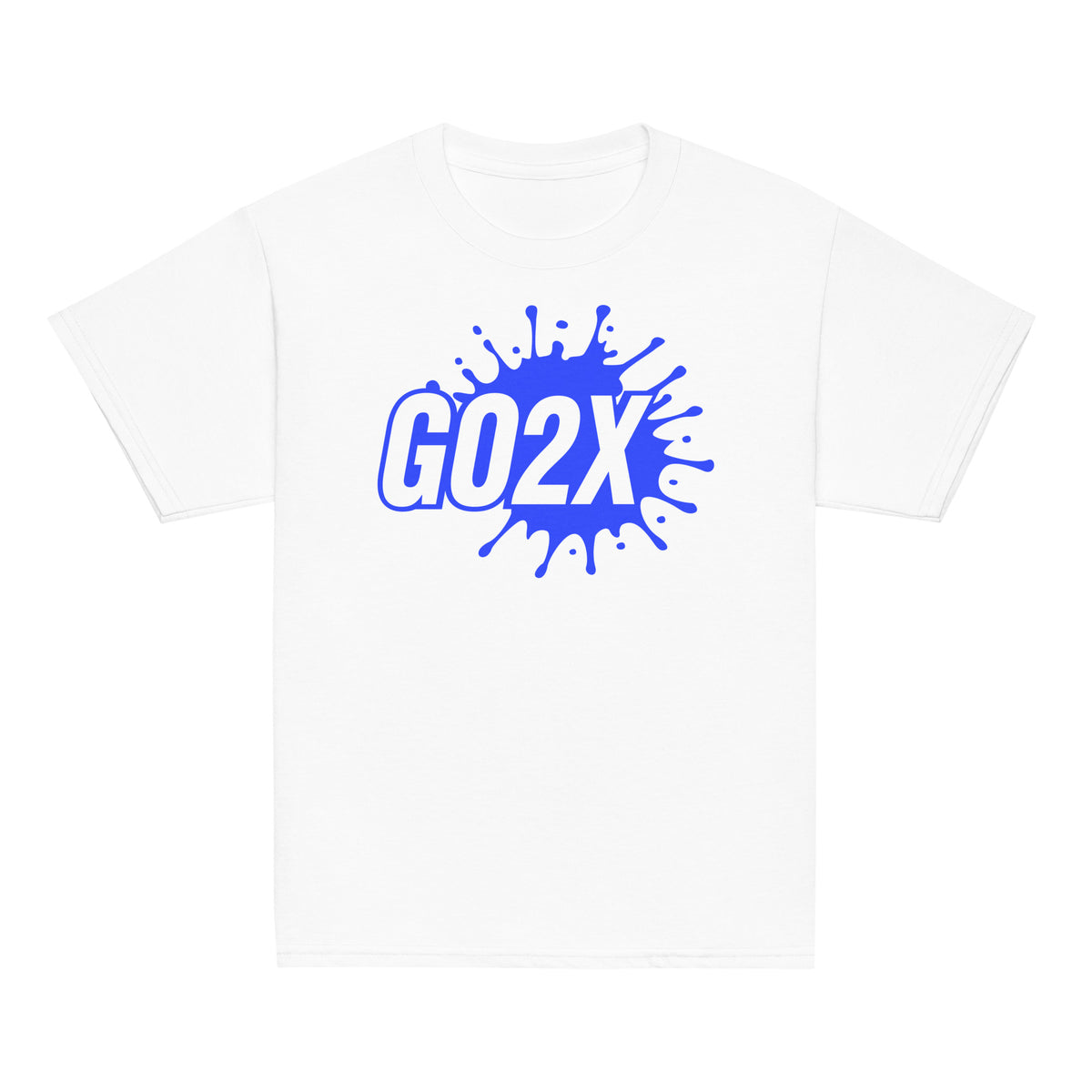 GO2X Classic youth lacrosse shirt with blue & white logo in White, front view