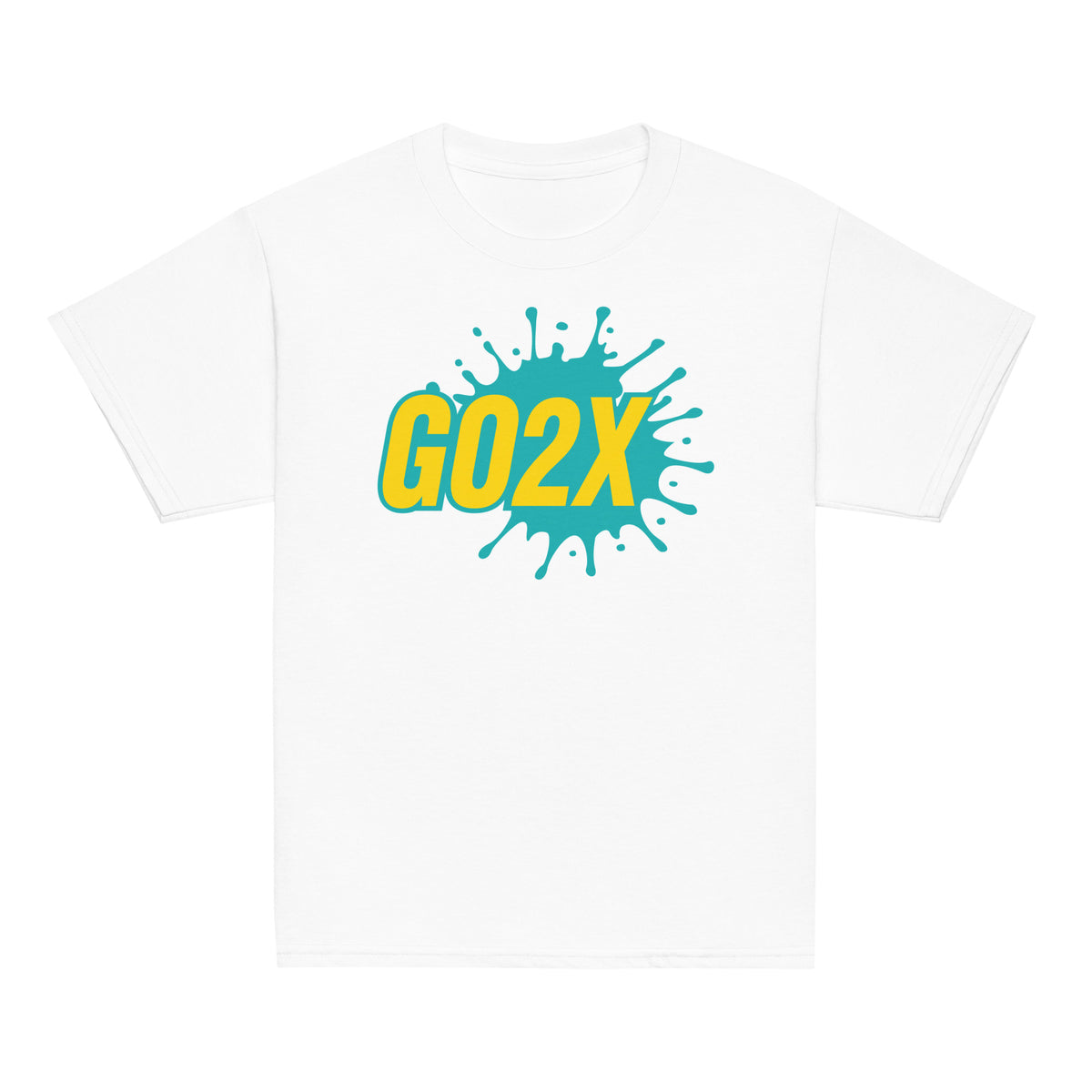 GO2X Classic youth lacrosse shirt with teal & yellow logo in White, front view