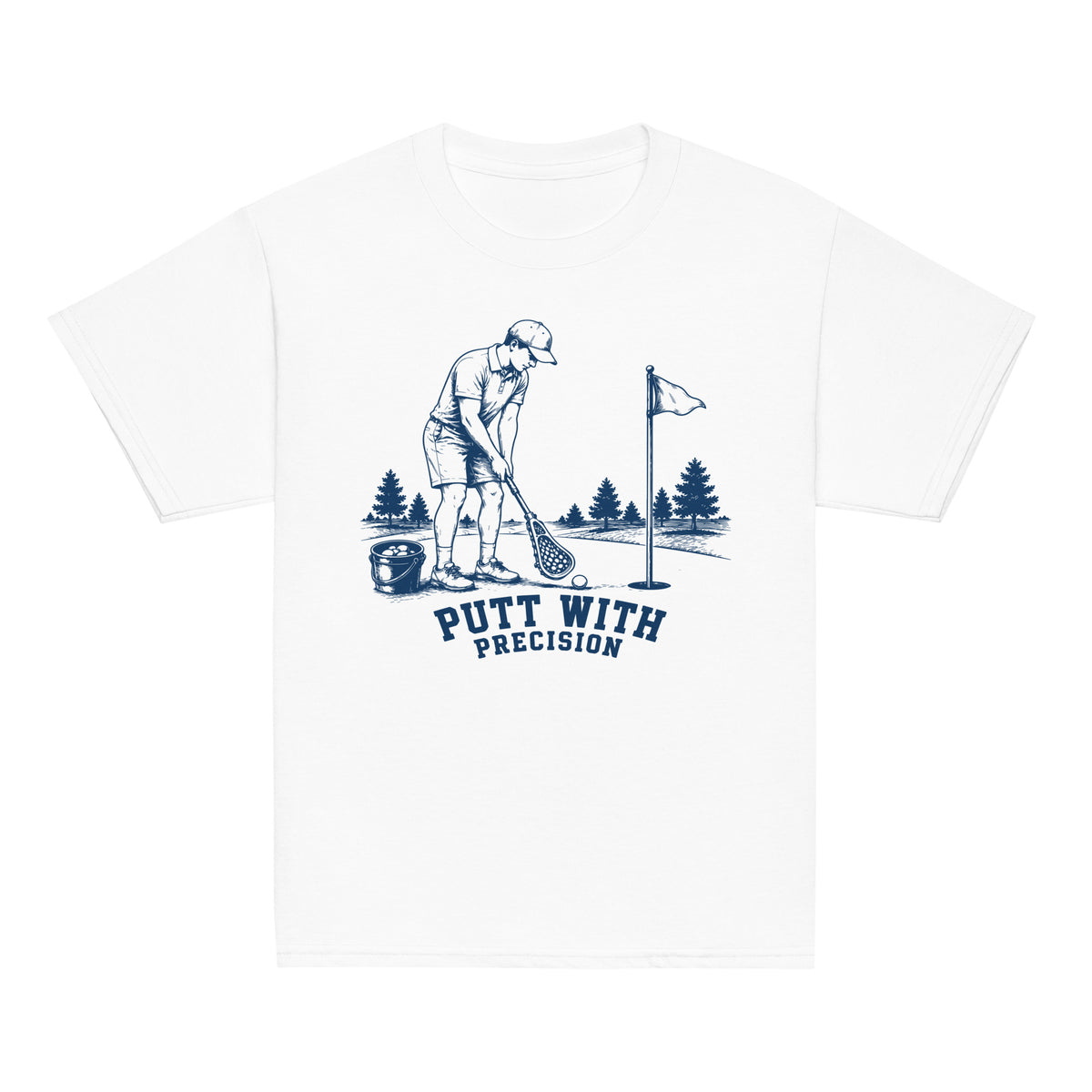 GO2X Putt with Precision youth lacrosse shirt with male design in White, front view